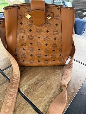MCM Cognac Logo-Print Crossbody with Tan Strap